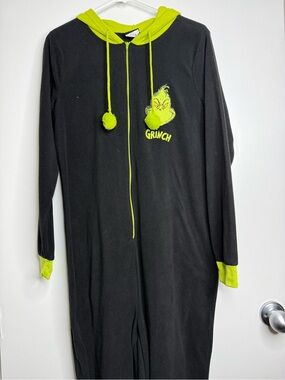 The Grinch Hooded Grinch Head Black & Neon Green Onesie Women's Small